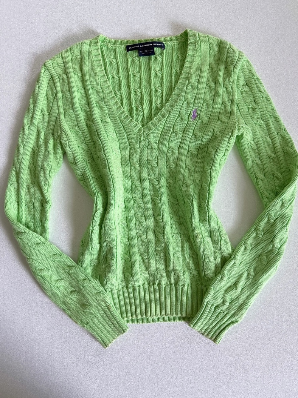 Vintage Ralph Lauren Lime Green Cable Knit V-
Neck Sweater XS